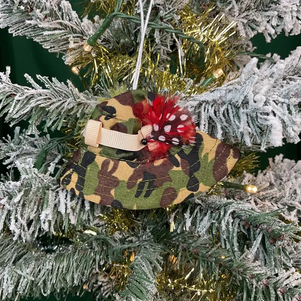 Miniature Camo Bucket Hat Christmas Ornament with Fishing Fly Lure